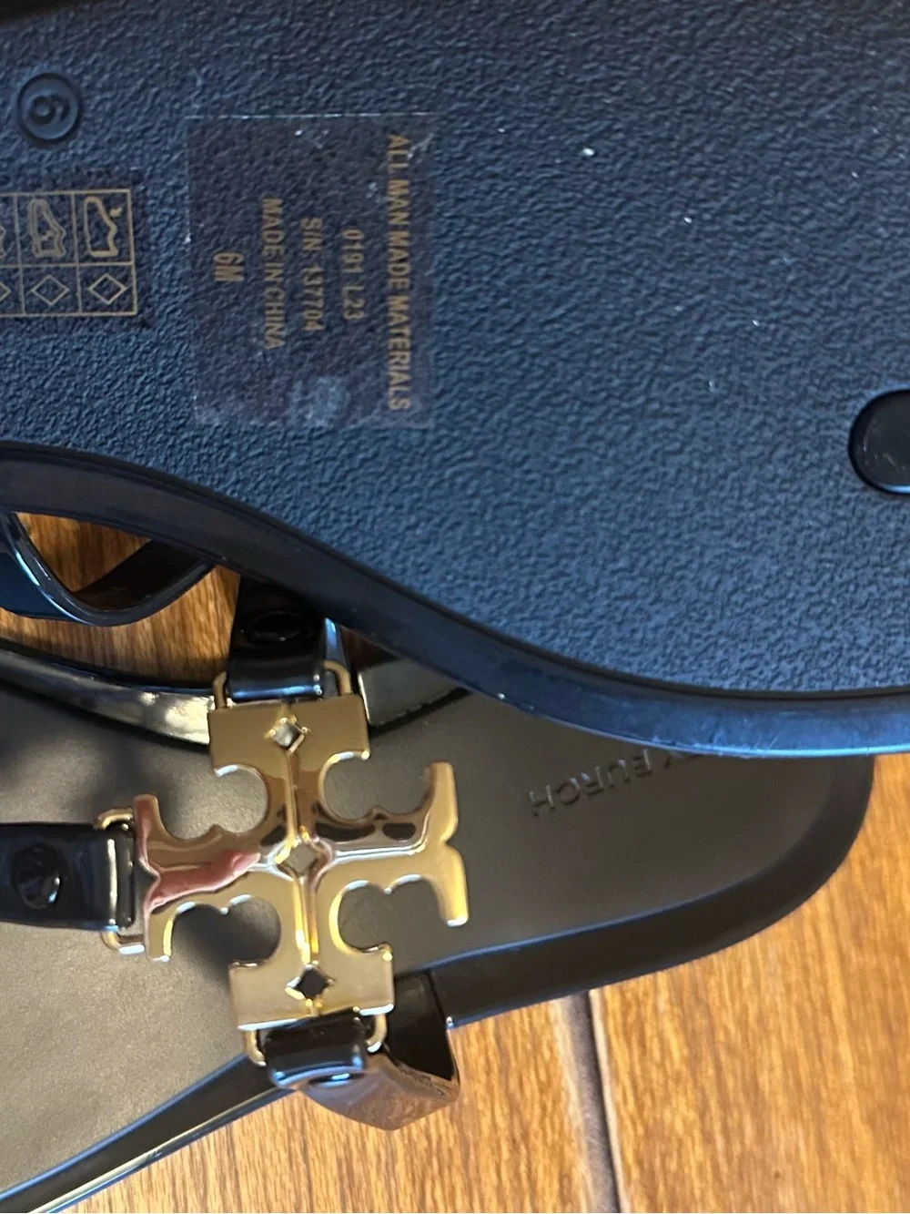 Tory Burch Black Patent Sandals with Gold Logo